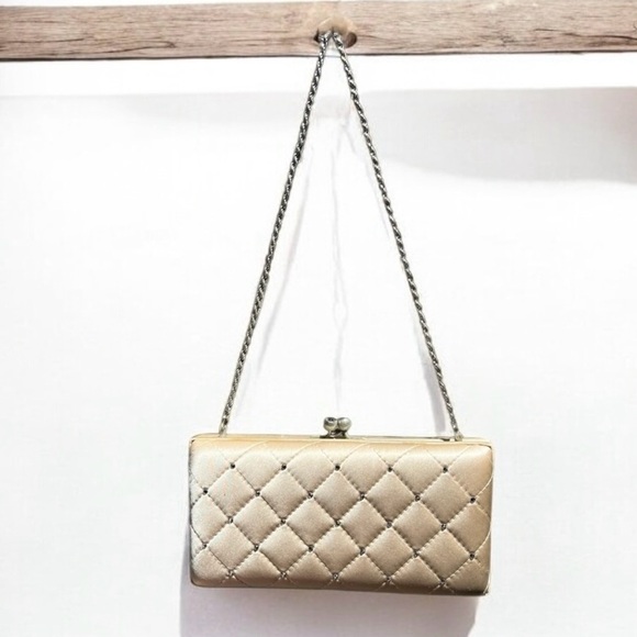 🌻Franchi "Kylee" Gold Satin Clutch with Rhinestones Kiss Closure Satin Lining - Picture 1 of 12